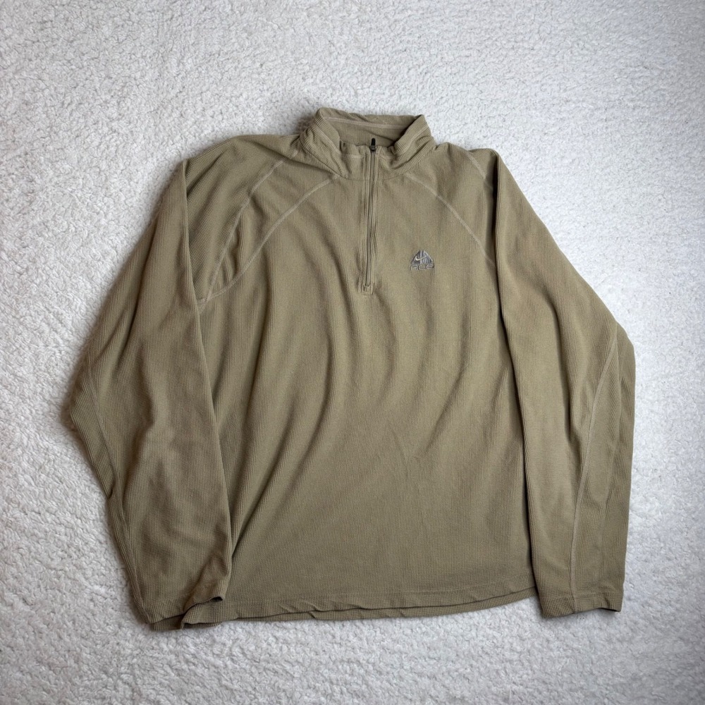 Nike ACG Quarter Zip Pullover Tan Waffle Knit Fleece Mens Large Vintage Y2K L